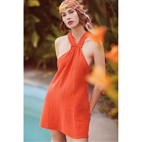 NEW Anthropologie Braided V-Neck Halter Cotton Orange Mini Dress Cover-Up Large - Picture 1 of 4